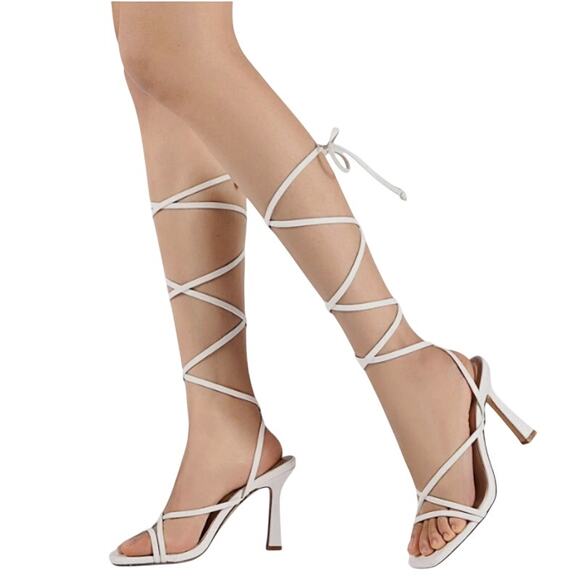 Mostrin Shoes - Mostrin White Strappy Lace Up Tie Square Toe Pumps Stiletto Womens Size 37/6.5